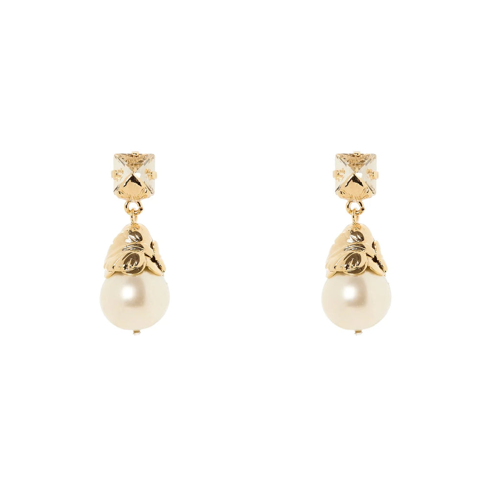 SODINI Orecchini Donna Daphne Oro con Cristallo, Perla Pendente e Foglie Dorate 552540