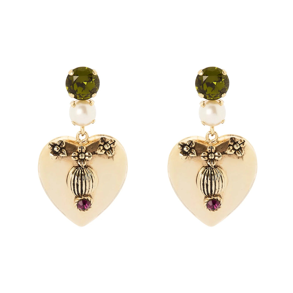 SODINI Orecchini Donna Naos Oro con Cristallo Olivina, Perla e Cuore Bombato Pendente 552594