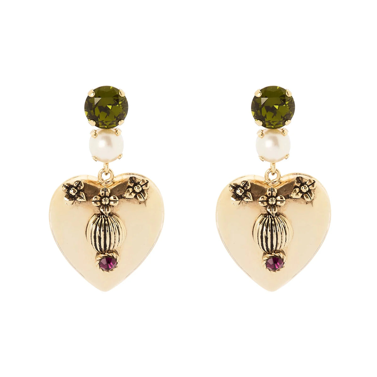 SODINI Orecchini Donna Naos Oro con Cristallo Olivina, Perla e Cuore Bombato Pendente 552594