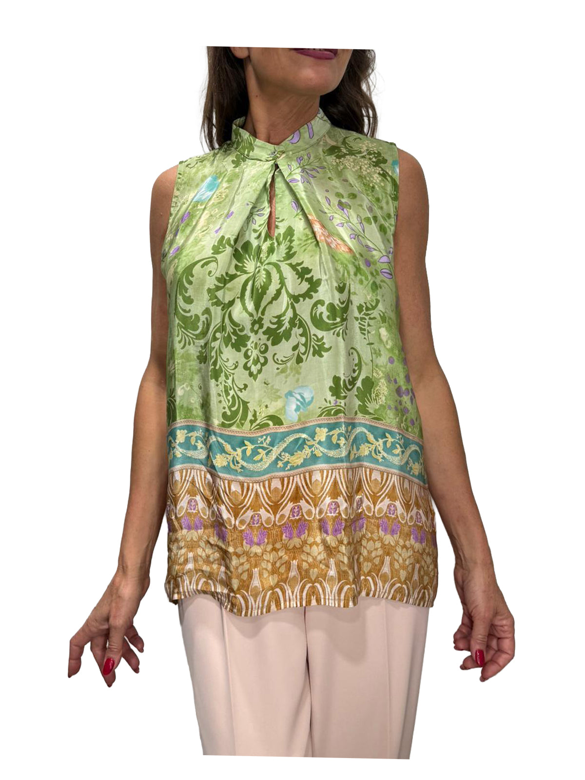 WU’SIDE camicia smanicata donna verde fantasia art. CTA 26330 in viscosa Made in Italy