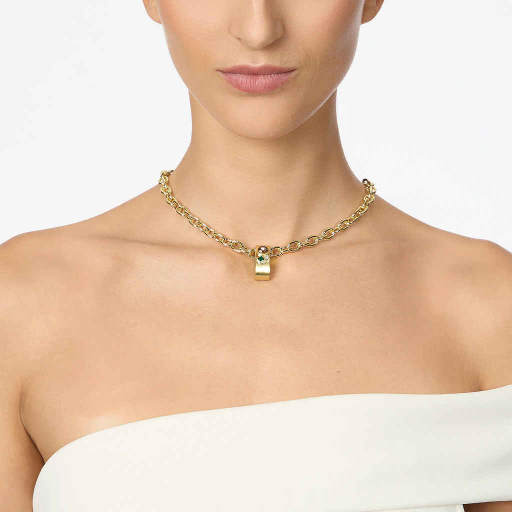 SODINI Collana Donna Emilia Oro Multicolor con Catena a Maglie Ovali, Pendente Rettangolare e Cristalli 800037W