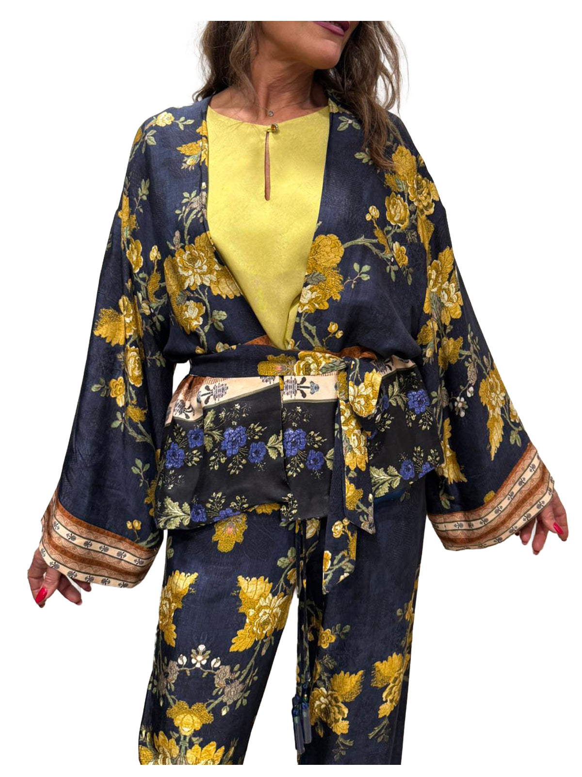 WU'SIDE kimono corto donna floreale blu oro GAK 26277  26277 100% viscosa Made in Italy