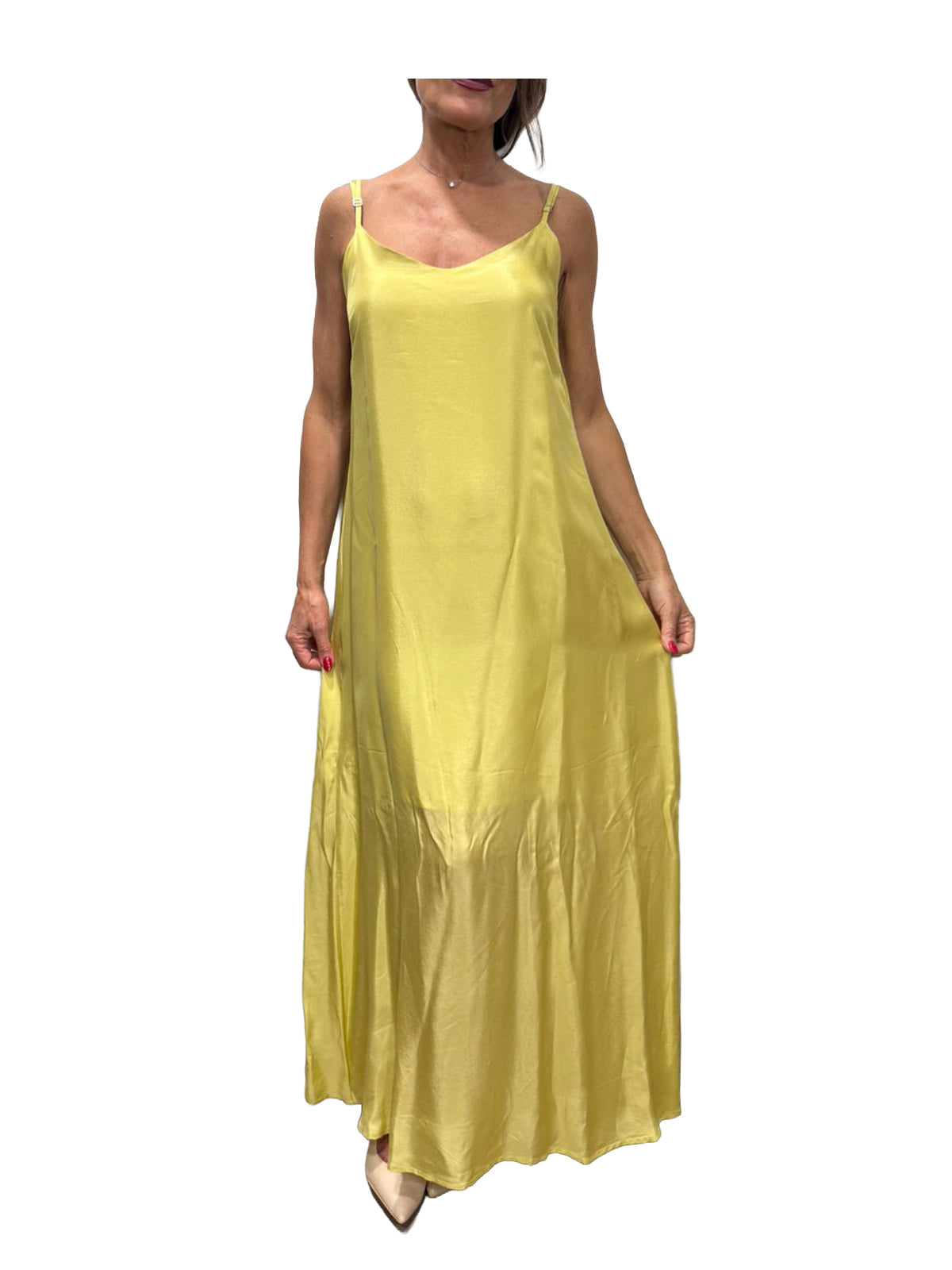 WU’SIDE abito lungo donna con spalline oro art. AB 26325 in viscosa Made in Italy