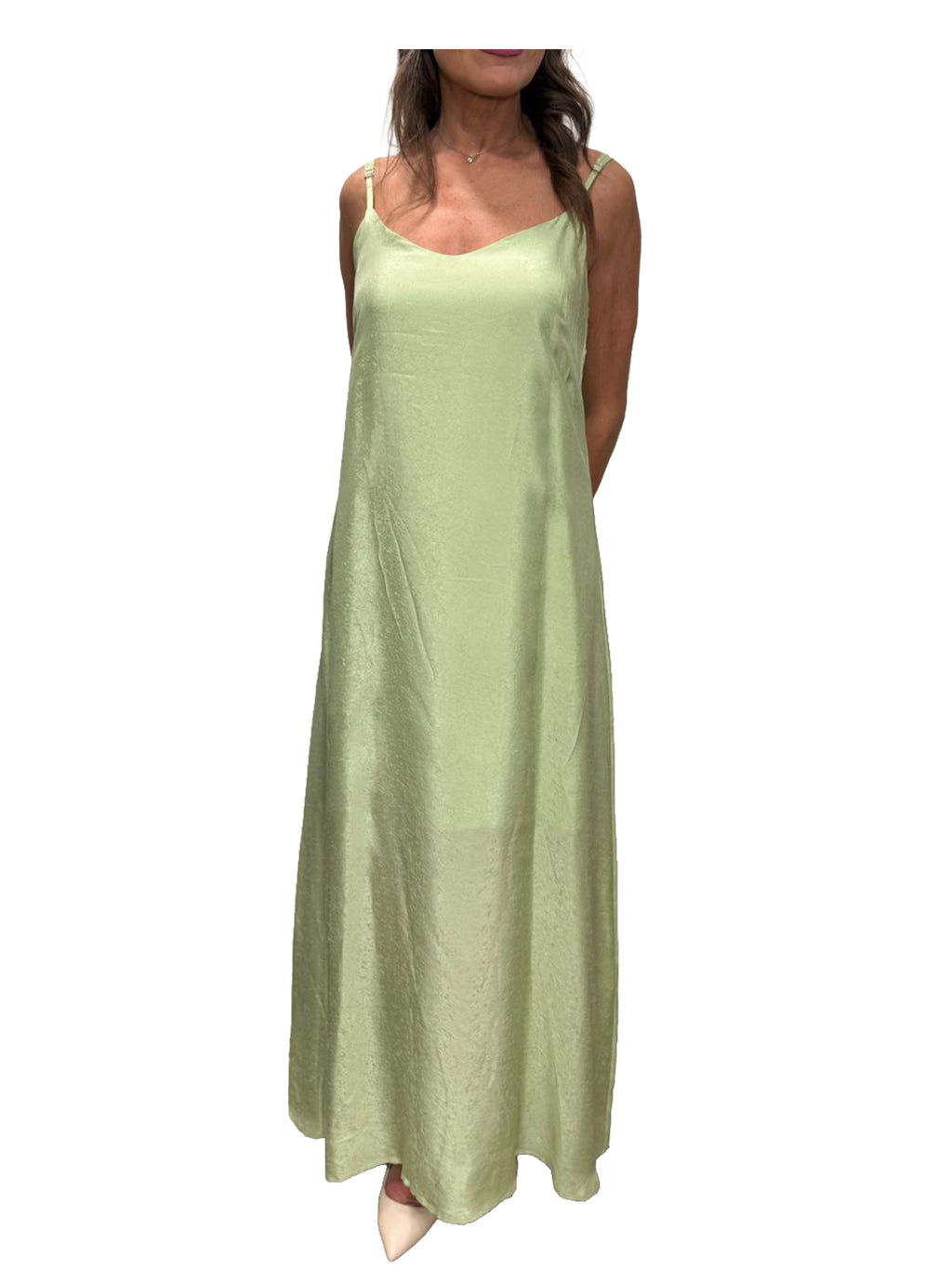 WU’SIDE abito lungo donna con spalline verde salvia art. AB 26325 in viscosa Made in Italy