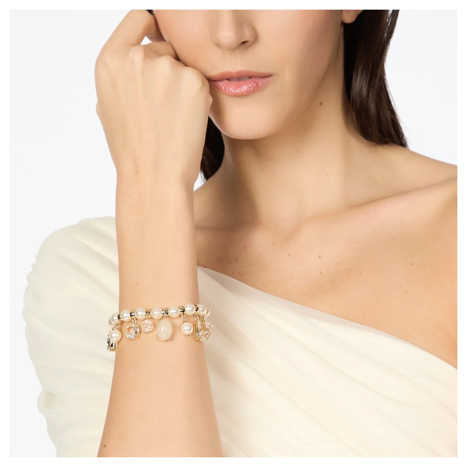 Sodini Bracciale Elastico Ninfa 912857A Bianco con Perle, Cristalli e Cabochon Pendenti