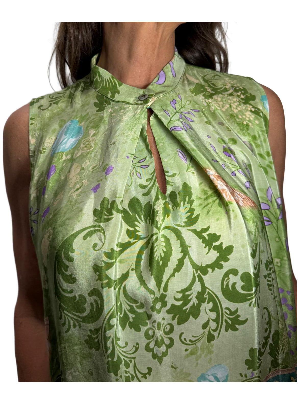 WU’SIDE camicia smanicata donna verde fantasia art. CTA 26330 in viscosa Made in Italy