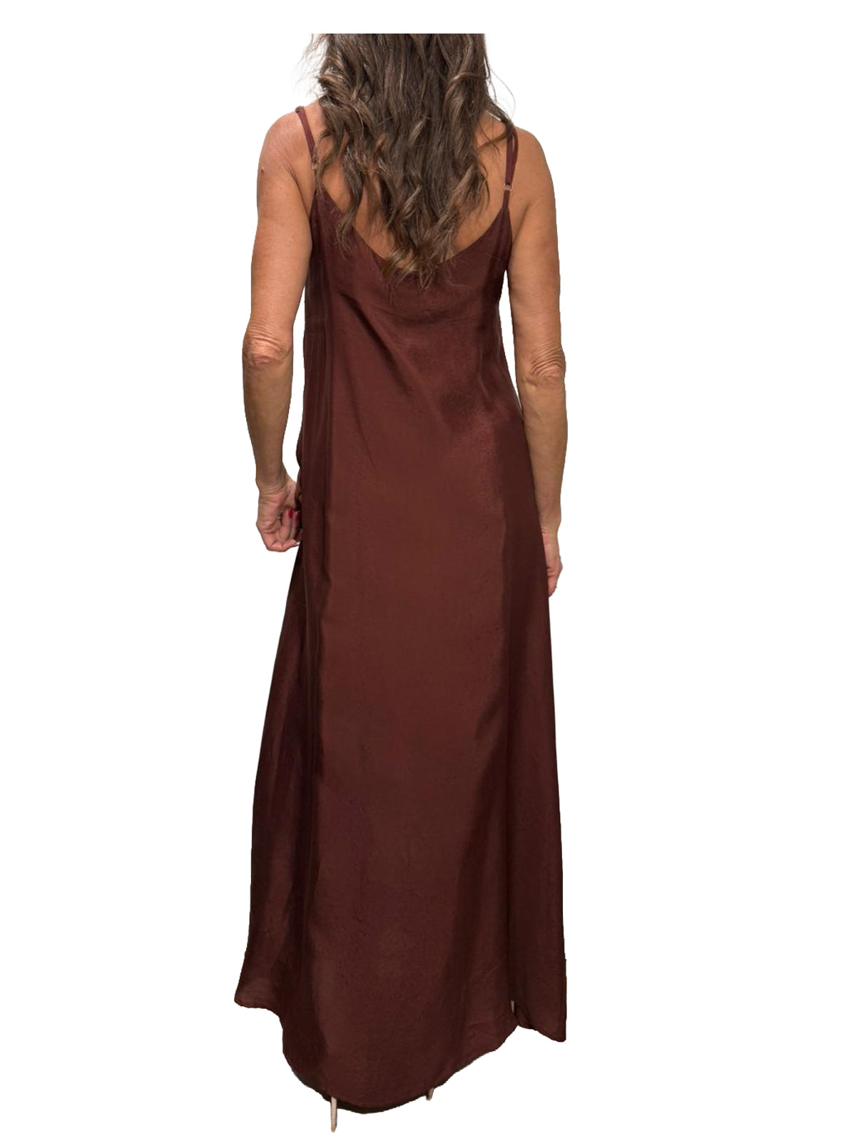 WU’SIDE abito lungo donna con spalline marrone art. AB 26325 in viscosa Made in Italy
