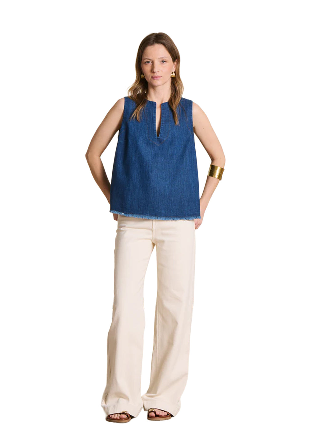 LA FEE MARABOUTEE TO-FOTO Top Donna Denim Plissè Sfrangiato