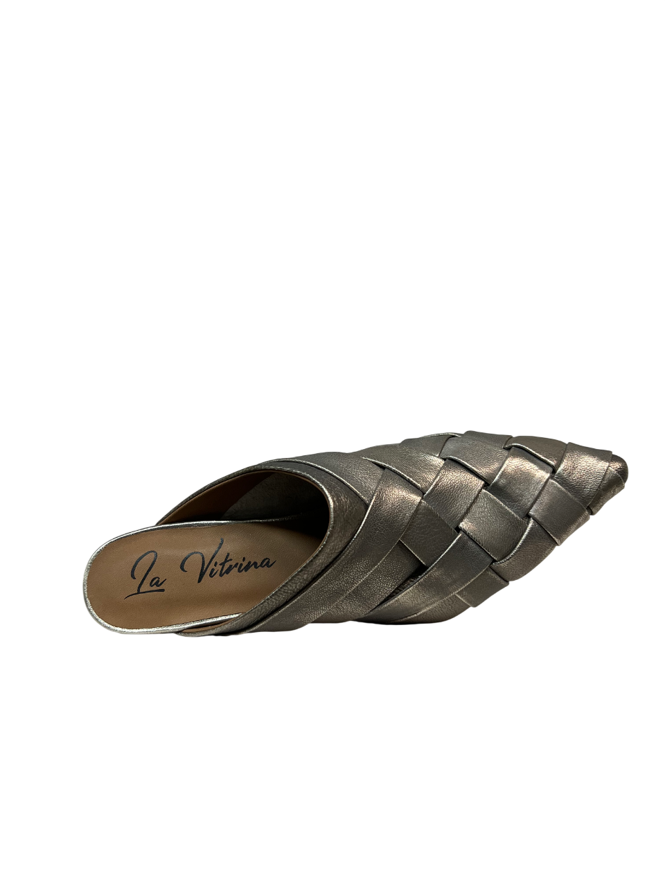 LA VITRINA SABUWOVEN-50 sabot pelle intrecciata laminata argento/platino