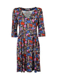 JUSTMINE abito donna scollo V marrone/rosso/bluette Made in Italy E2824 1268