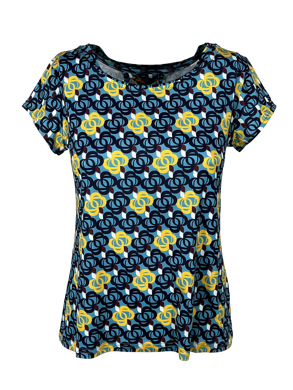 JUSTMINE E2818 1246 maglia donna fantasia azzurro/giallo/blu Made in Italy jersey