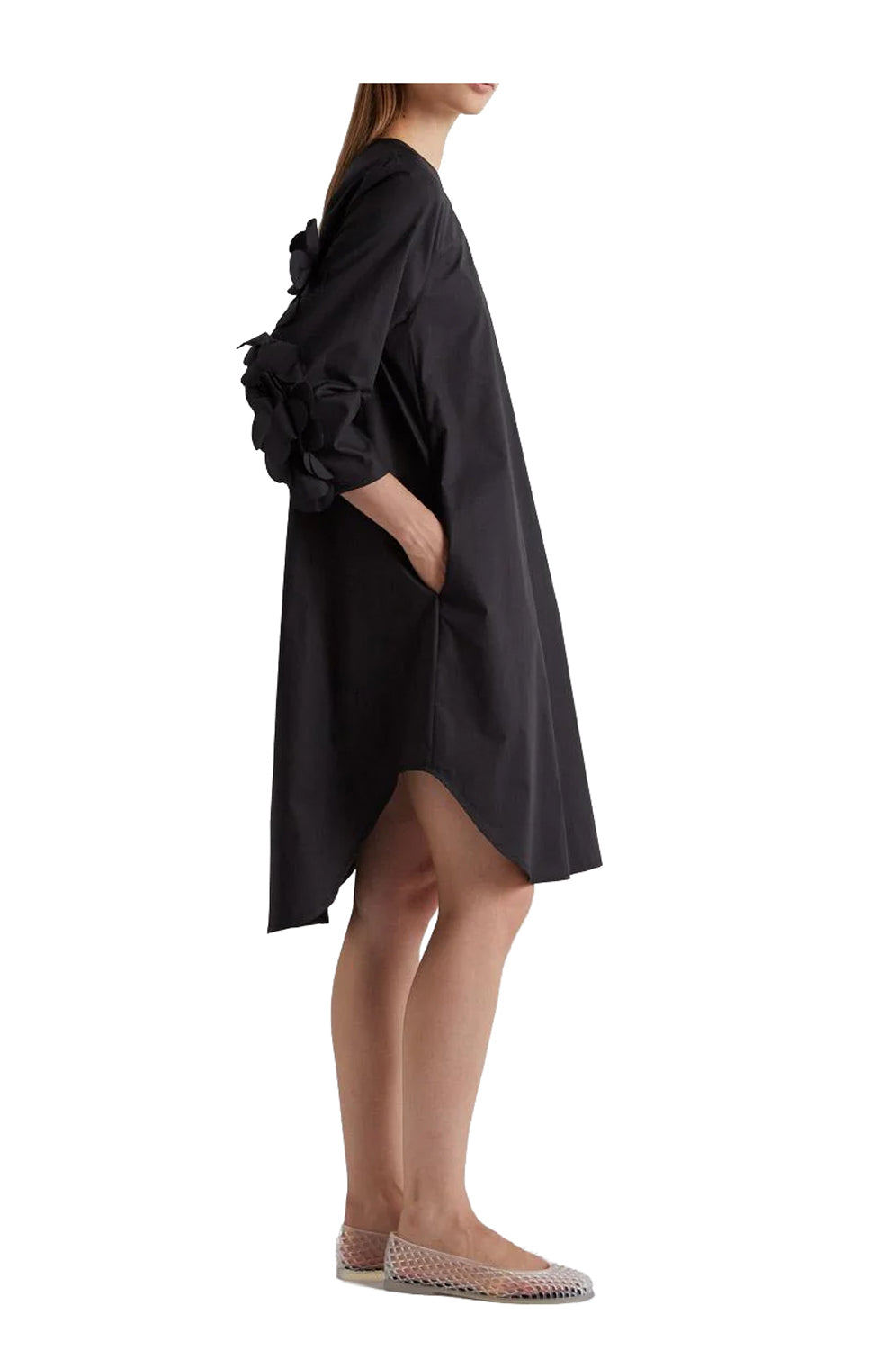 MEIMEIJ M6EA49 abito donna nero con apllicazioni fiori sulle maniche Made in Italy (Copia)