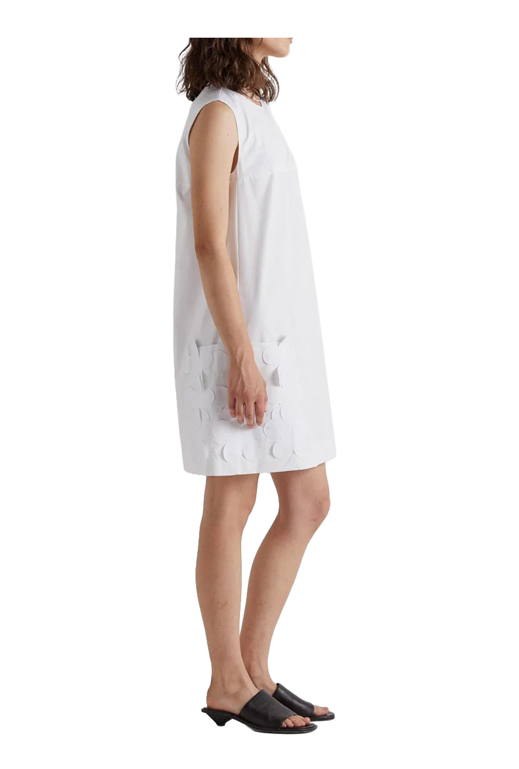 MEIMEIJ M6EA73 abito donna cotone bianco con apllicazioni fiori sulle tasche Made in Italy