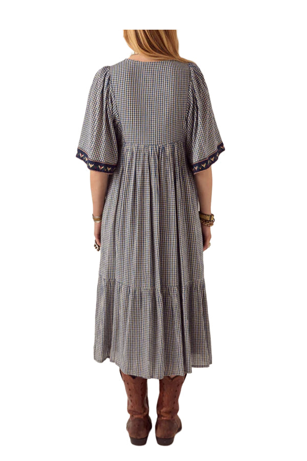 MAISON HOTEL Abito Donna Quadri Blu Ecru Ricamato Augusta Cotone