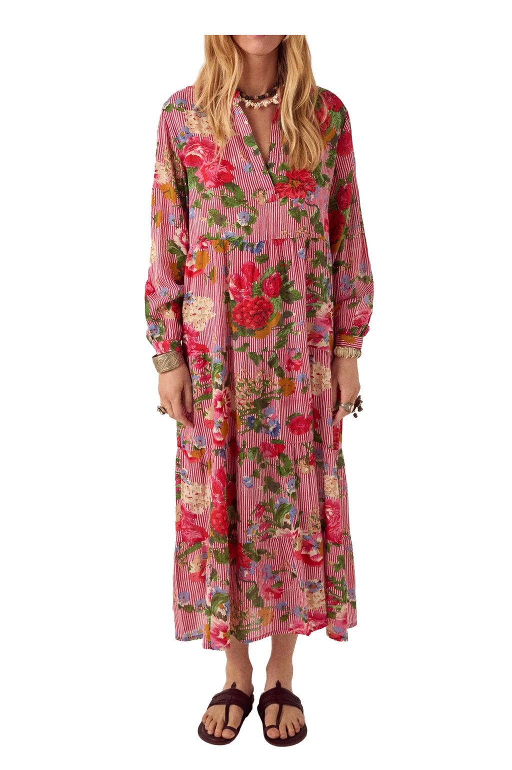 MAISON HOTEL Abito Donna Righe Bianco Rosso Floreale Beatrice