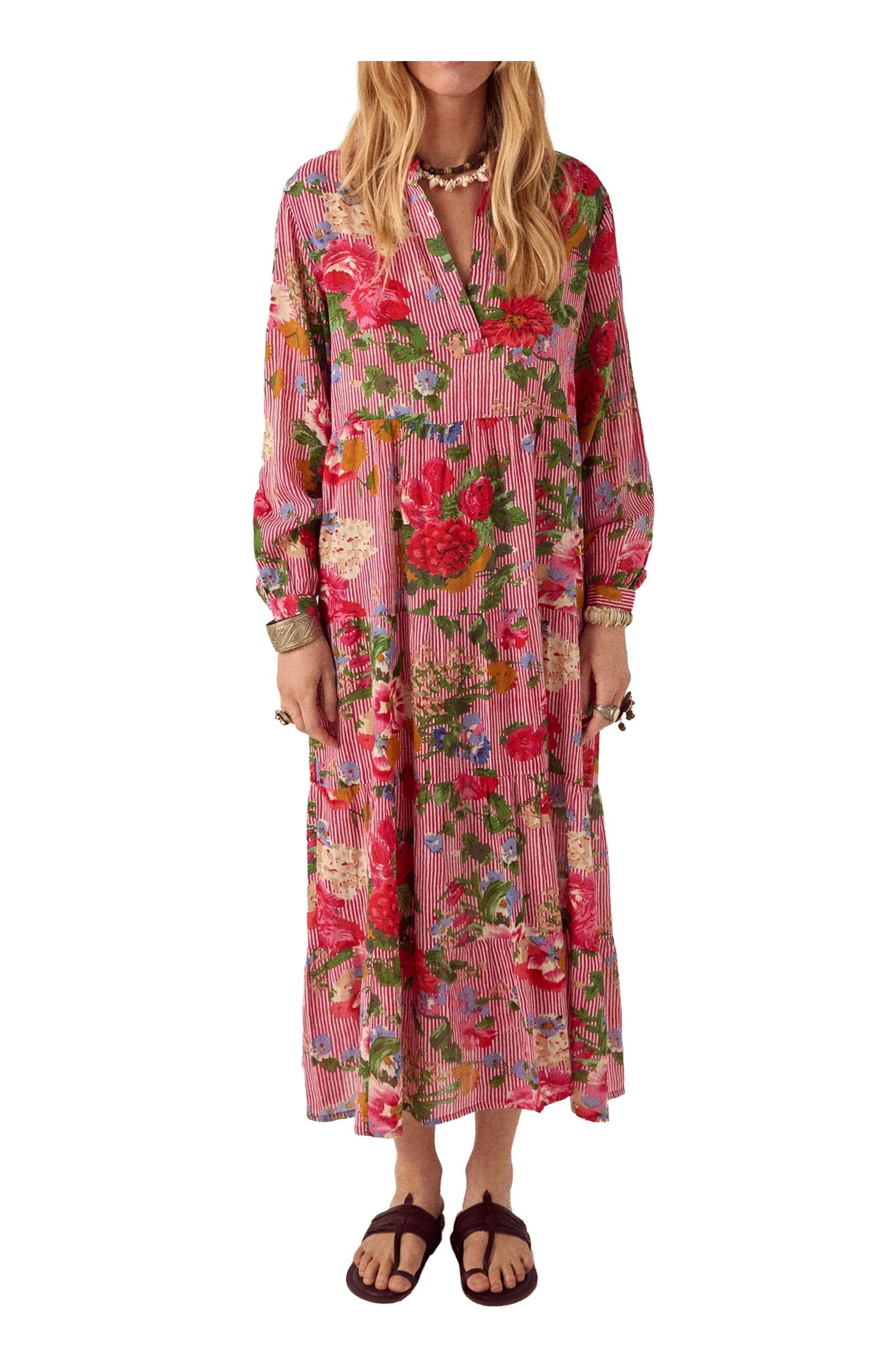 MAISON HOTEL Abito Donna Righe Bianco Rosso Floreale Beatrice