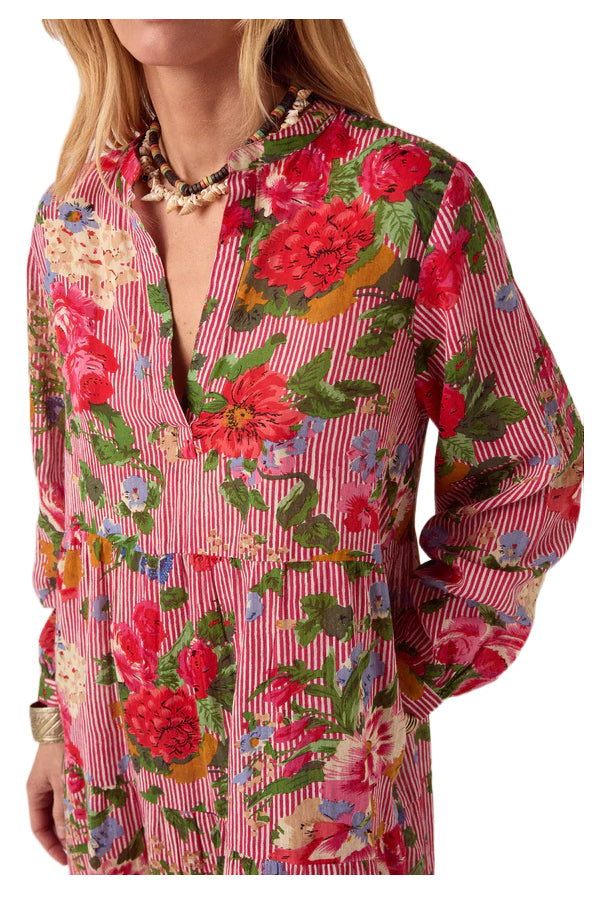 MAISON HOTEL Abito Donna Righe Bianco Rosso Floreale Beatrice