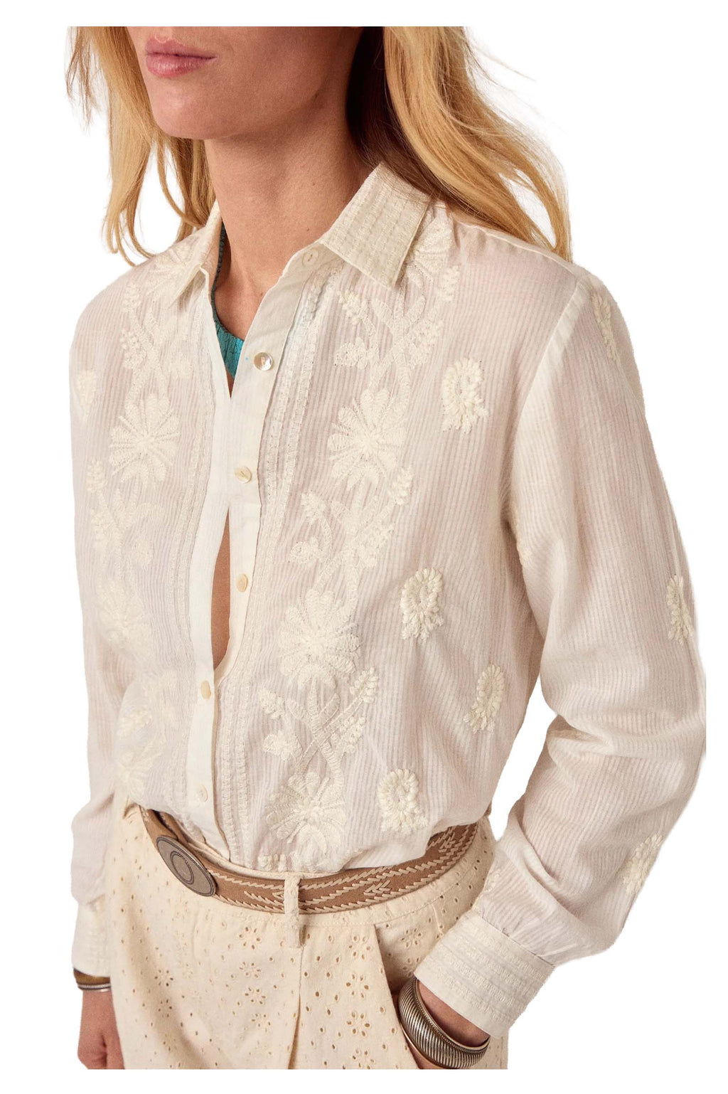MAISON HOTEL RINGO camicia donna avorio ricami in tinta cotone