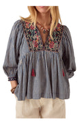 MAISON HOTEL Camicia Donna April Quadri Blu Ecru Ricami Cotone
