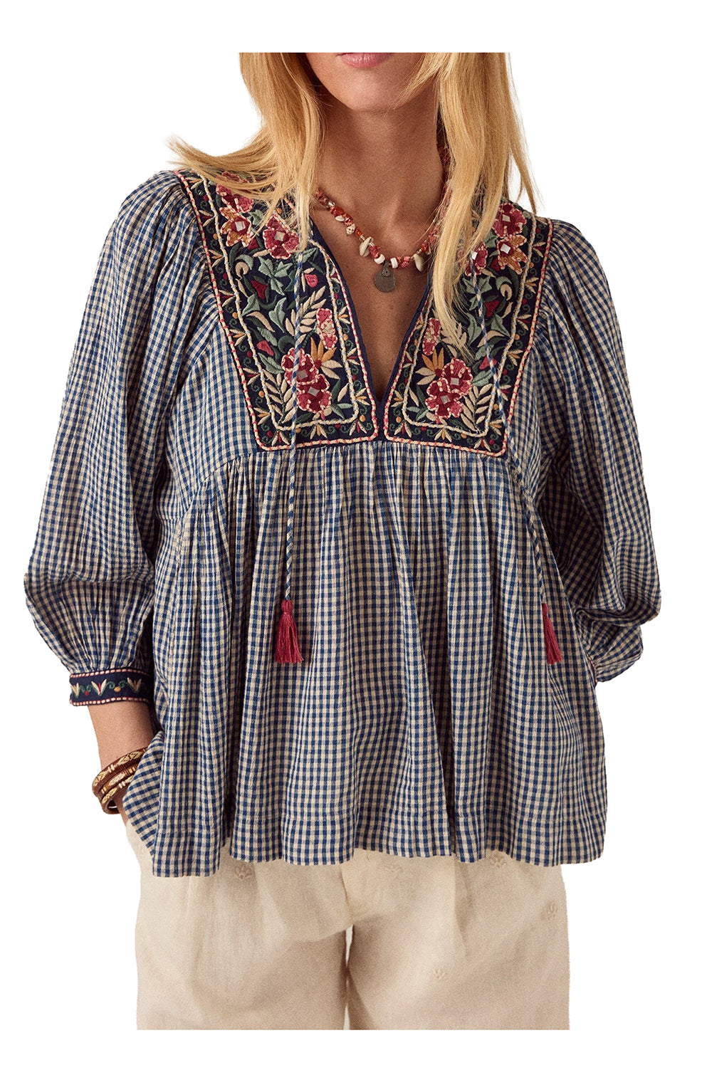 MAISON HOTEL Camicia Donna April Quadri Blu Ecru Ricami Cotone