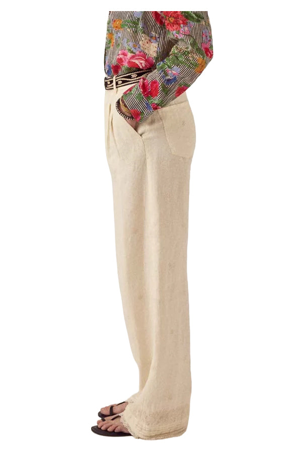 MAISON HOTEL Pantalone Donna Avorio Ricami Otto Cotone Lino