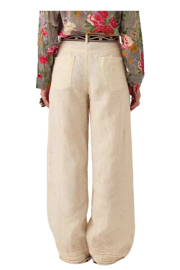 MAISON HOTEL Pantalone Donna Avorio Ricami Otto Cotone Lino