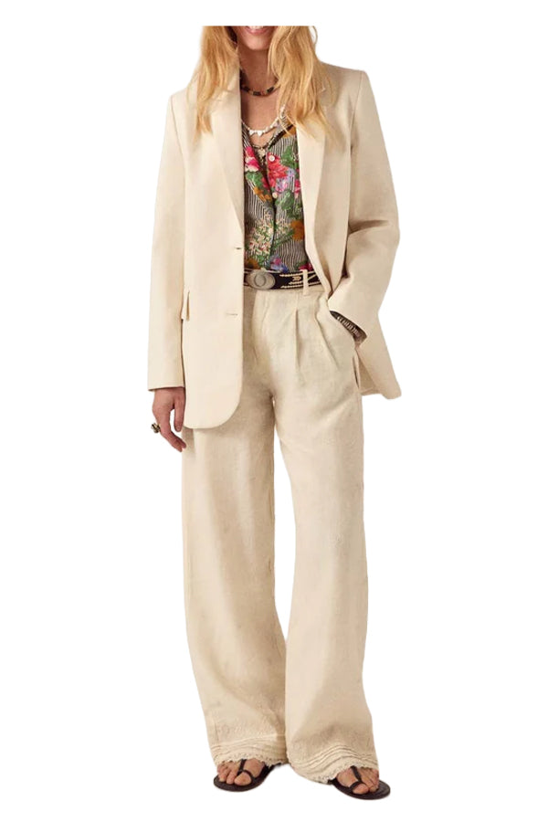 MAISON HOTEL Pantalone Donna Avorio Ricami Otto Cotone Lino
