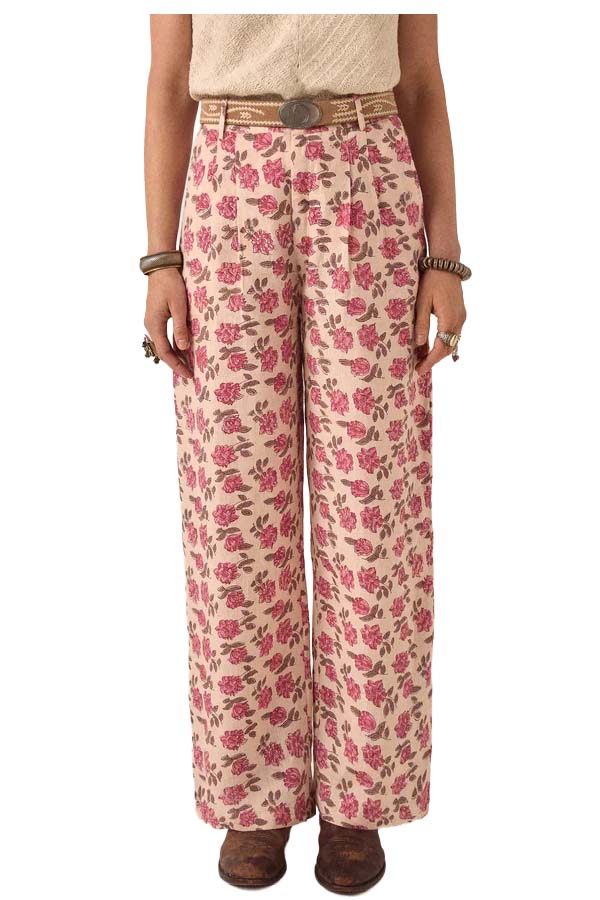 MAISON HOTEL ANGUS pantalone donna floreale panna rosa lino