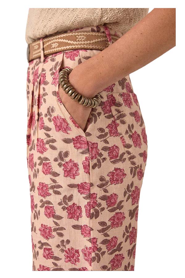 MAISON HOTEL ANGUS pantalone donna floreale panna rosa lino
