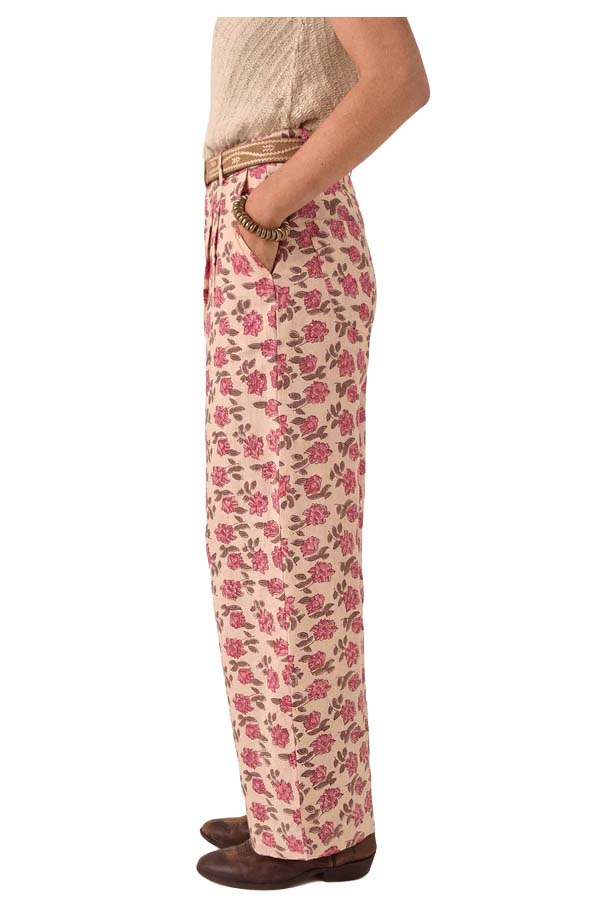 MAISON HOTEL ANGUS pantalone donna floreale panna rosa lino