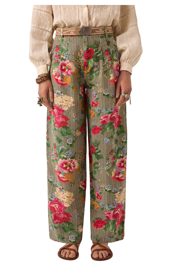 MAISON HOTEL Pantalone Donna Righe Avorio Nero Floreale Pepe