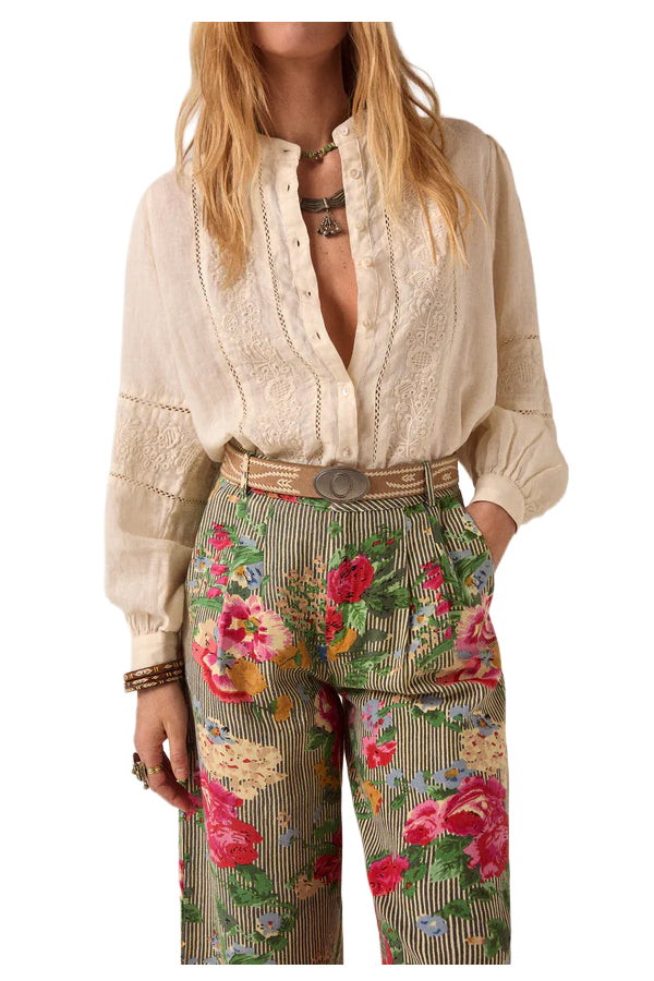 MAISON HOTEL Pantalone Donna Righe Avorio Nero Floreale Pepe