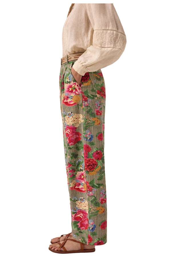 MAISON HOTEL Pantalone Donna Righe Avorio Nero Floreale Pepe