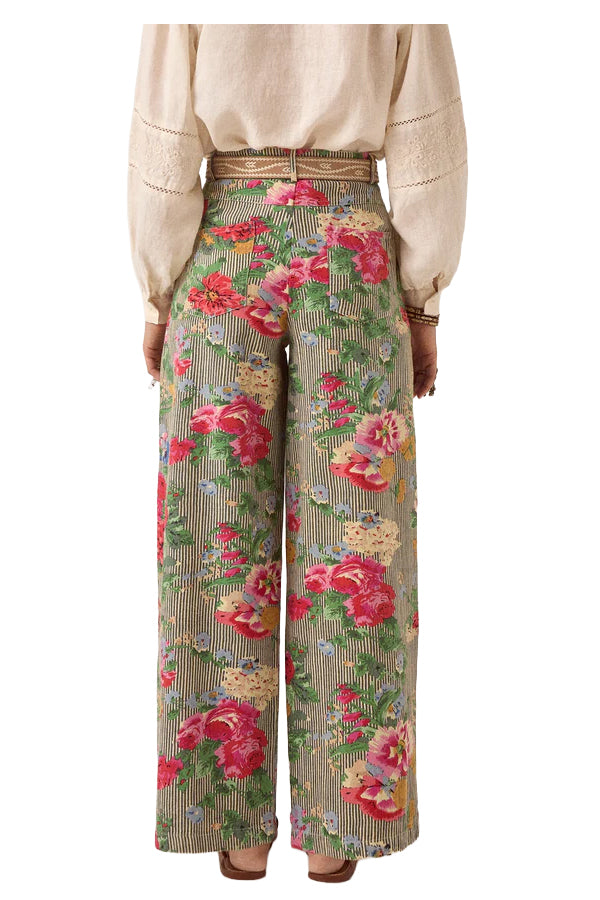 MAISON HOTEL Pantalone Donna Righe Avorio Nero Floreale Pepe