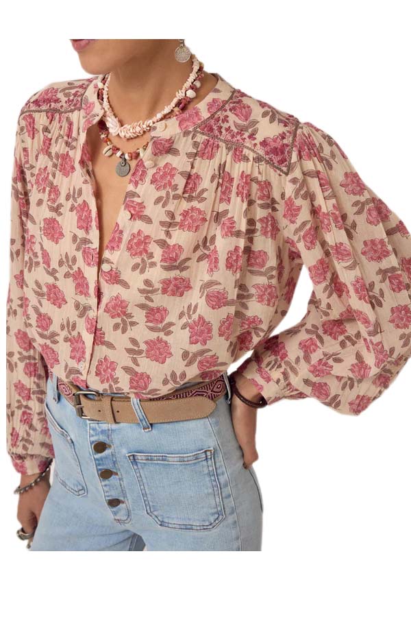 MAISON HOTEL LENNOX camicia donna floreale panna rosa cotone