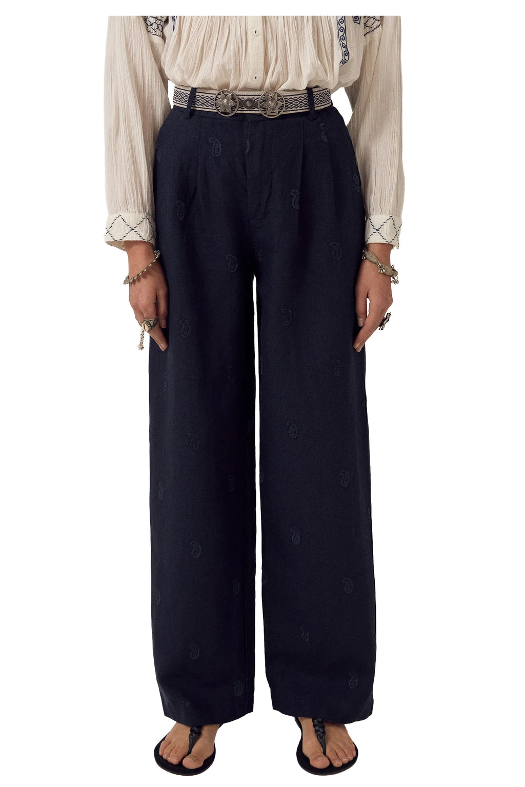 MAISON HOTEL Pantalone Donna Blu Ricami OTTO Cotone Lino