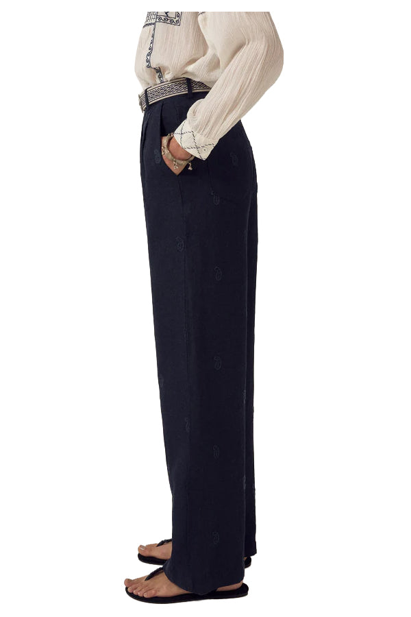 MAISON HOTEL Pantalone Donna Blu Ricami OTTO Cotone Lino