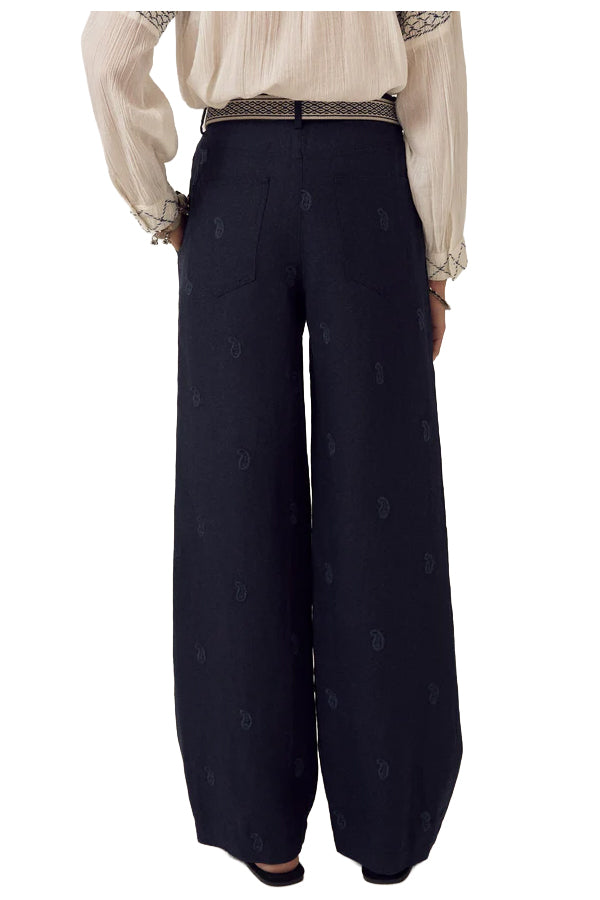 MAISON HOTEL Pantalone Donna Blu Ricami OTTO Cotone Lino