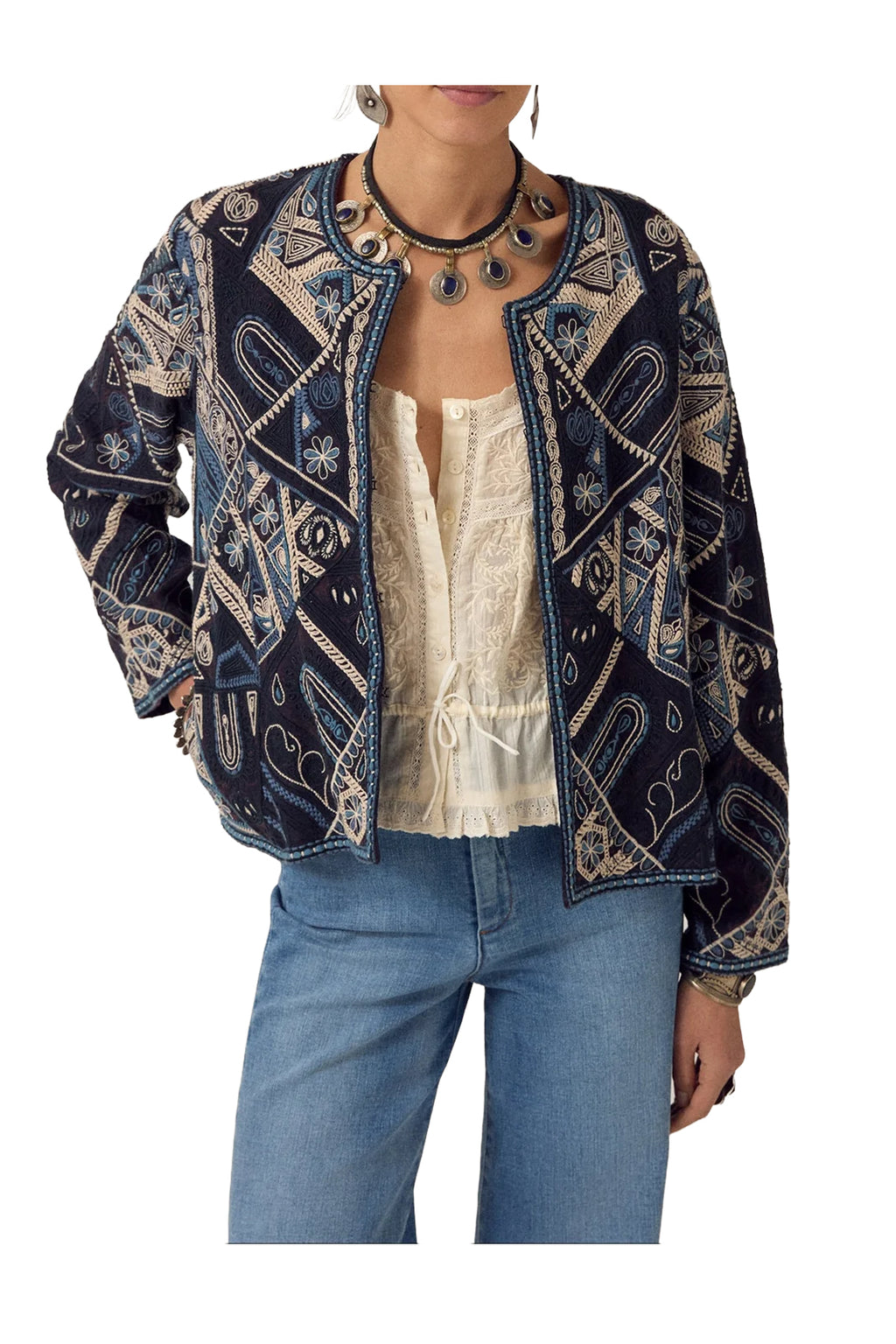 MAISON HOTEL Giacca Donna Blu Multicolor Ricamata Pati Rayon