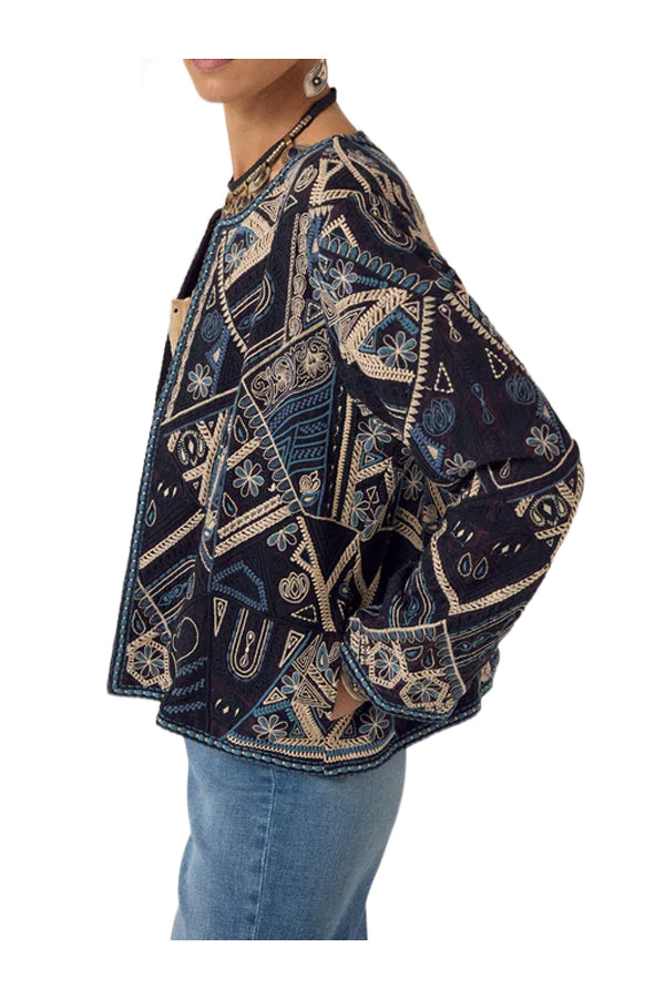MAISON HOTEL Giacca Donna Blu Multicolor Ricamata Pati Rayon