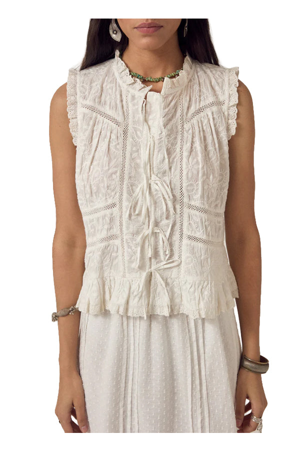 MAISON HOTEL Top Donna Avorio Ricami Lacci Camila Cotone