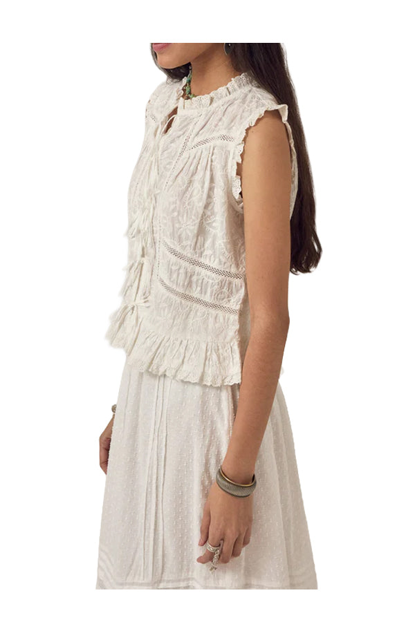 MAISON HOTEL Top Donna Avorio Ricami Lacci Camila Cotone