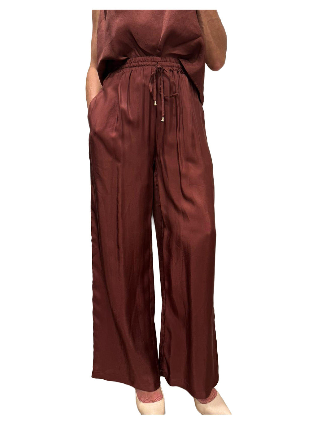 WU’SIDE pantalone donna palazzo fluido marrone art. PT 26289 in viscosa Made in Italy