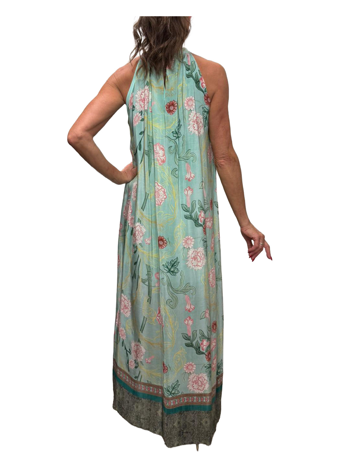 WU’SIDE abito lungo donna halter azzurro polvere fantasia floreale art. AB 26319 Made in Italy