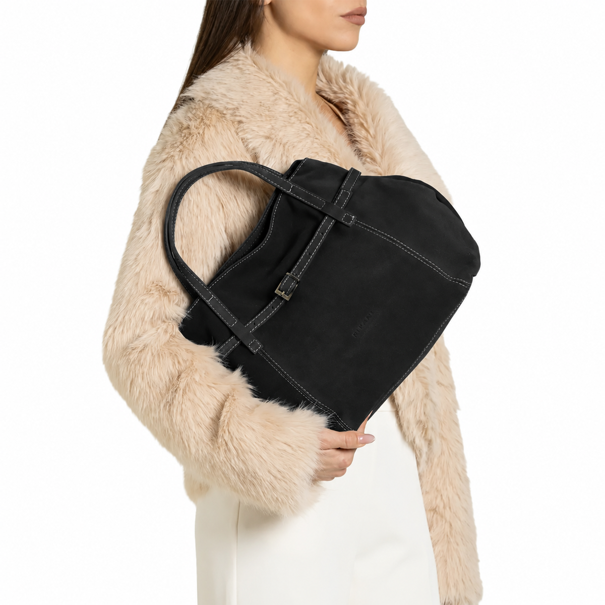 RIPANI IRIS 1391ON Borsa a Mano L Nera in Pelle Scamosciata Made in Italy
