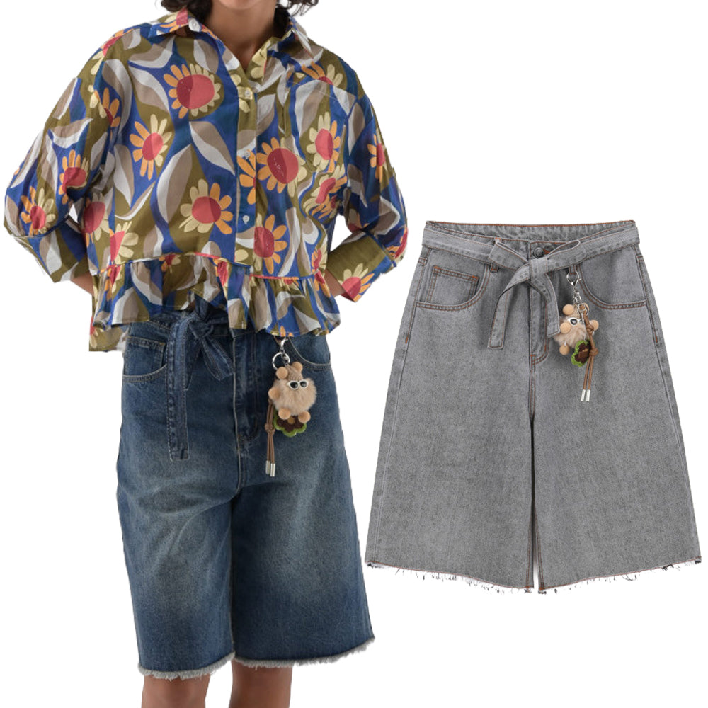 ORFEO PARIS bermuda donna jeans con cintura e portachiave peluche LILO ST111