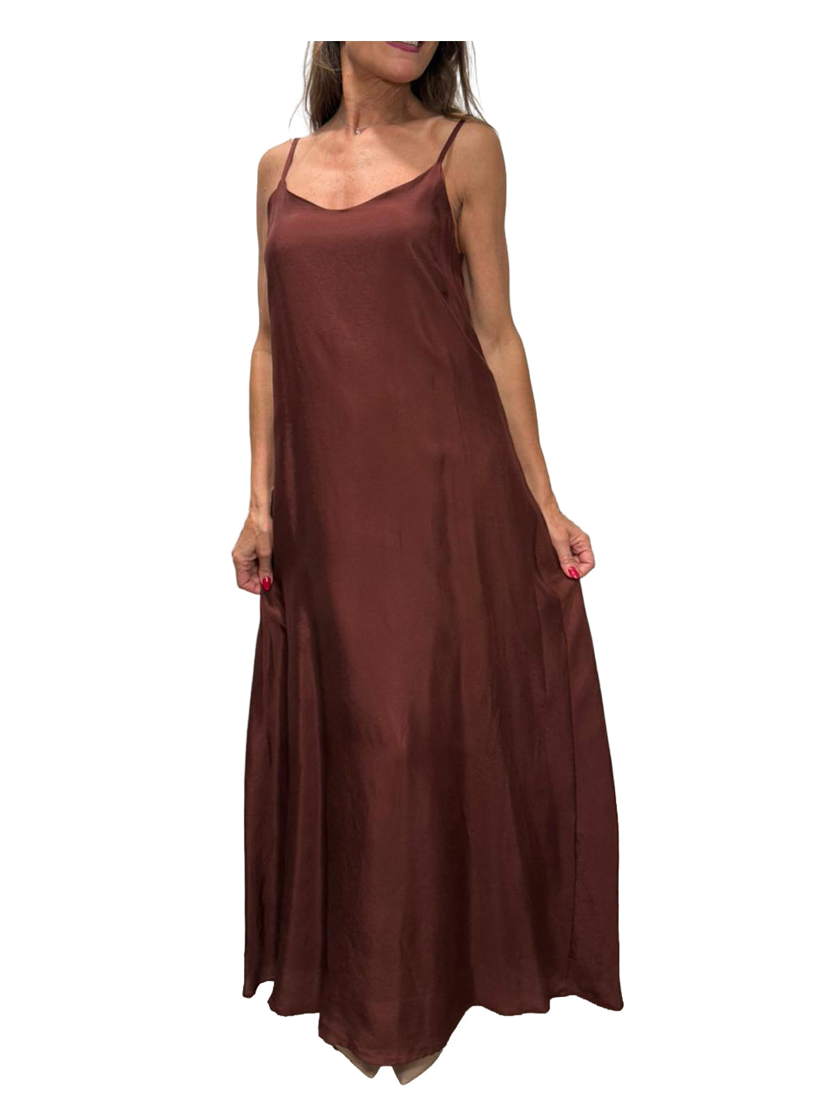 WU’SIDE abito lungo donna con spalline marrone art. AB 26325 in viscosa Made in Italy