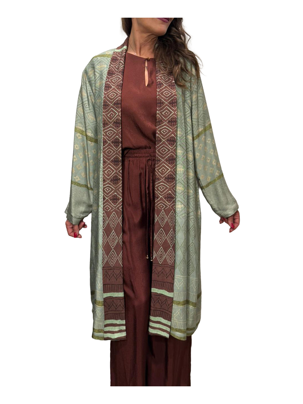 WU’SIDE kimono medio donna verde fantasia etnica art. KIO 26276 Made in Italy