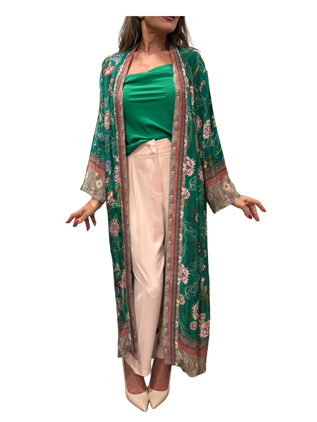 WU’SIDE kimono lungo donna fantasia verde smeraldo art. KIO 26318 in viscosa Made in Italy