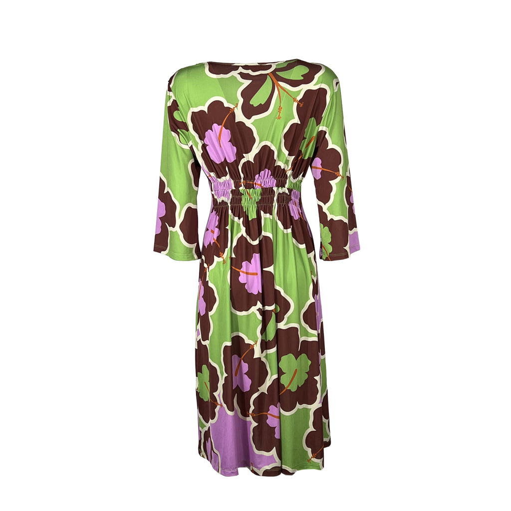 FEELING by JUSTMINE Abito Donna Svasato Floreale Verde Marrone Rosa E2807